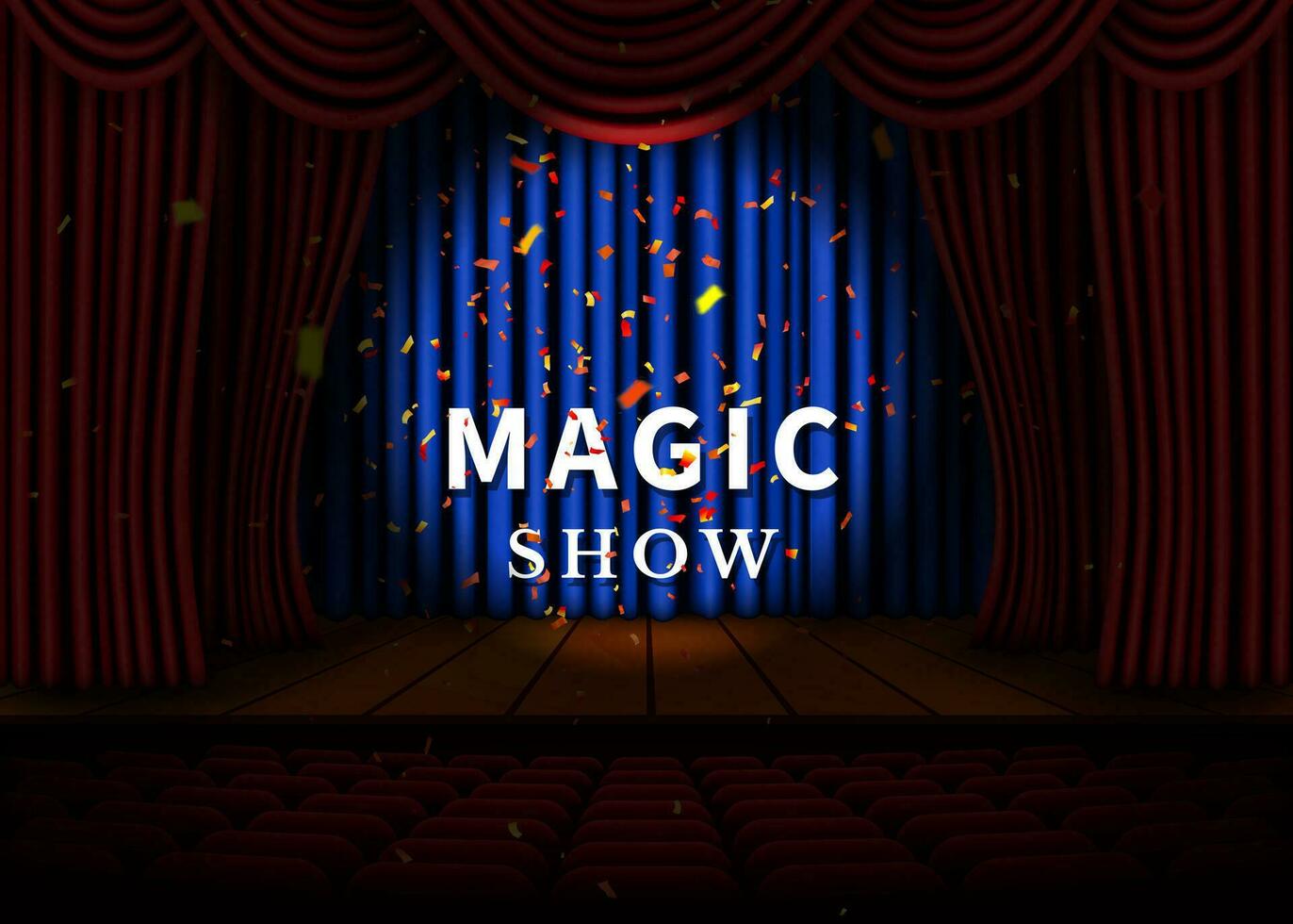 A theater stage with a red curtain and a spotlight and wooden floor. Magic Show poster. Vector