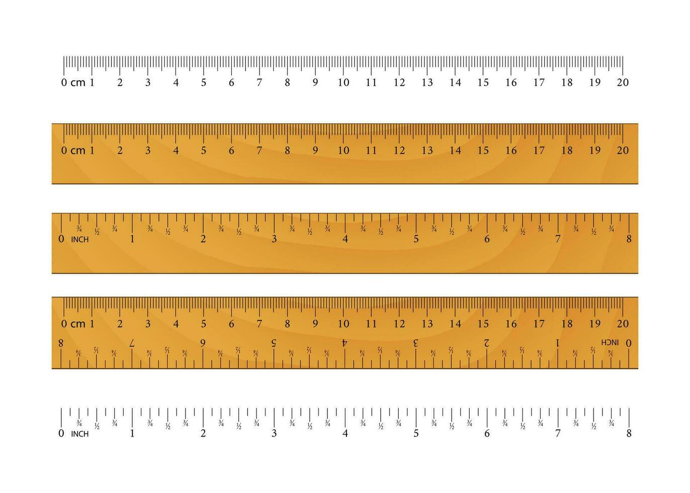 Realistic wooden ruler. Metric Imperial Rulers. Centimeter And Inch. Measure Tools Equipment Isolated On White Background vector