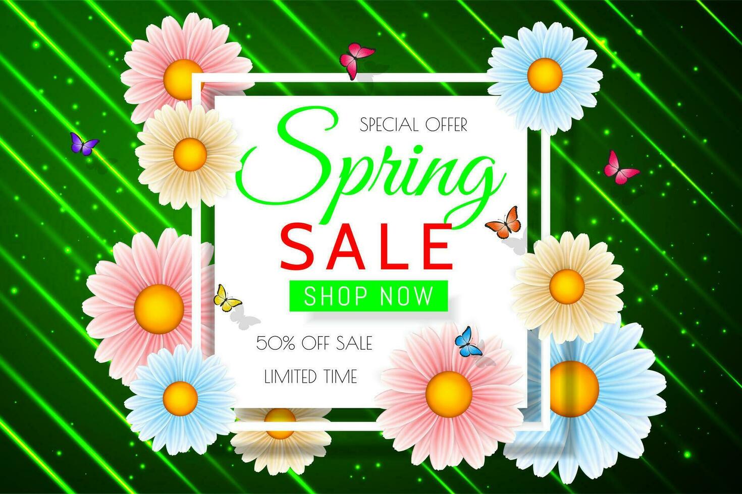 Spring sale background design with beautiful colorful flower. Vector floral design template for coupon, banner, voucher or promotional poster