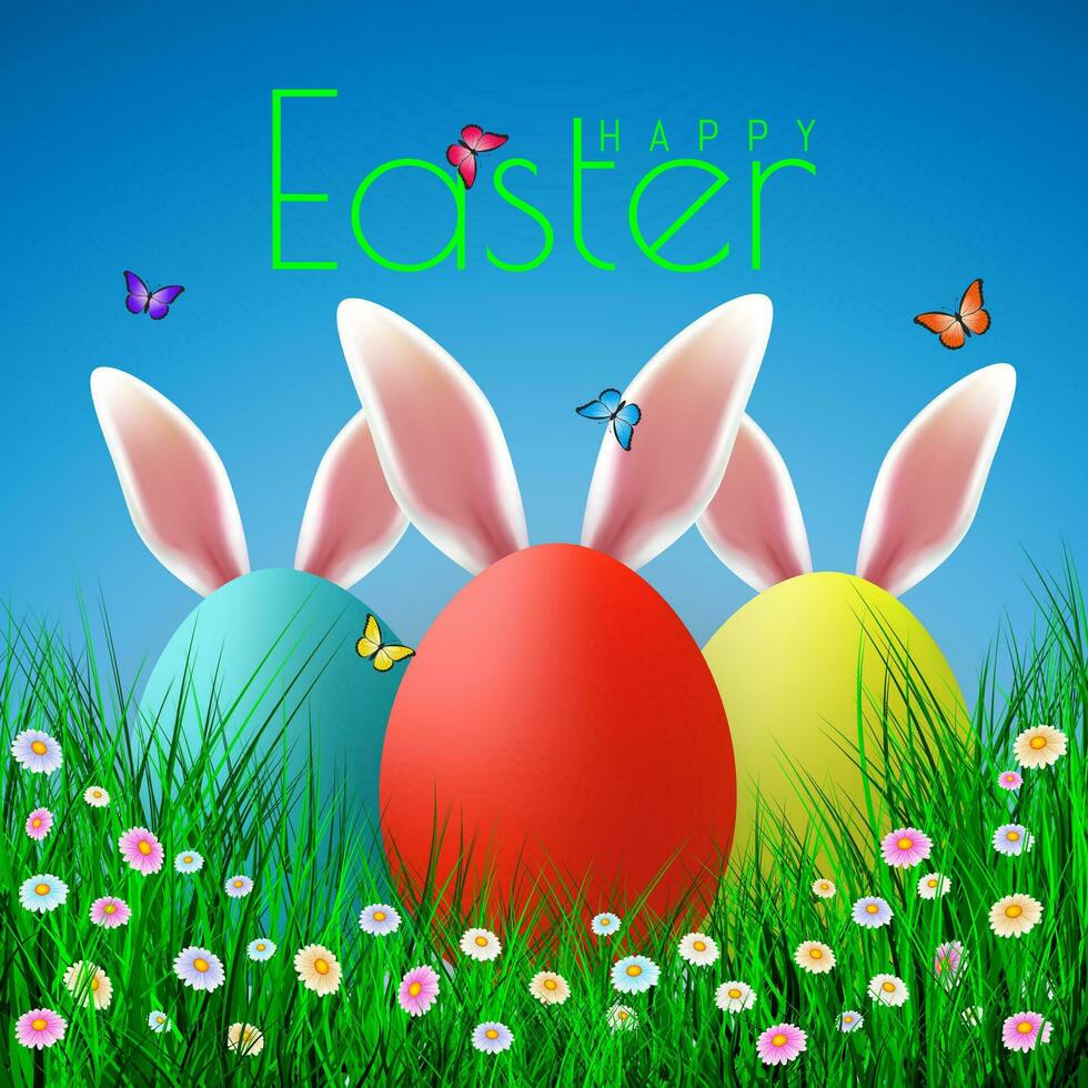 Vector Easter eggs with grass, butterfly and flowers isolated on a blue background. Element for celebratory design