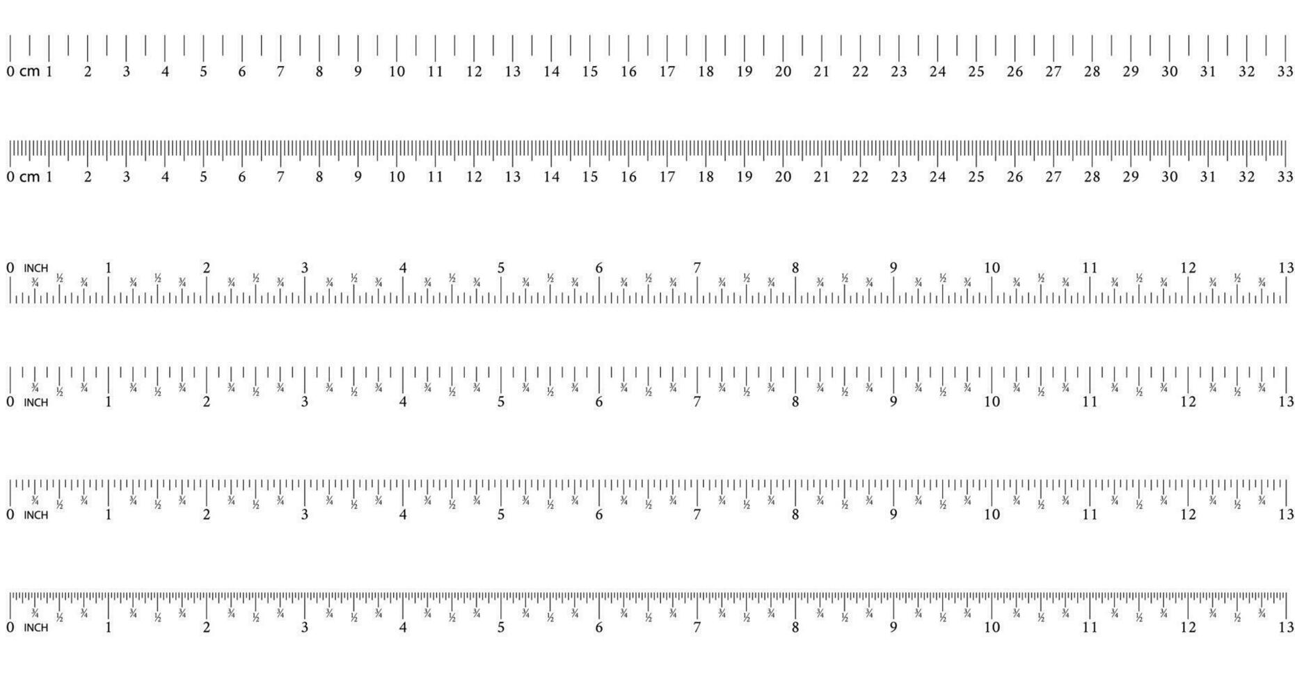 regla 8 pulgadas.16 pulgada. 32 pulgada. graduación de un pulgada. 33 cm. medición herramienta. regla graduación. regla cuadrícula 33 cm. Talla indicador unidades. métrico centímetro Talla indicadores. vector