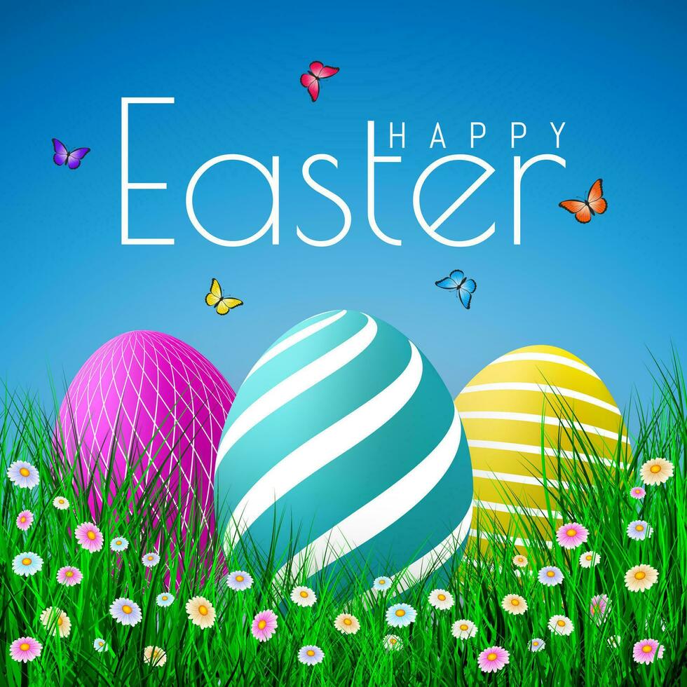 Vector Easter eggs with grass, butterfly and flowers isolated on a blue background. Element for celebratory design