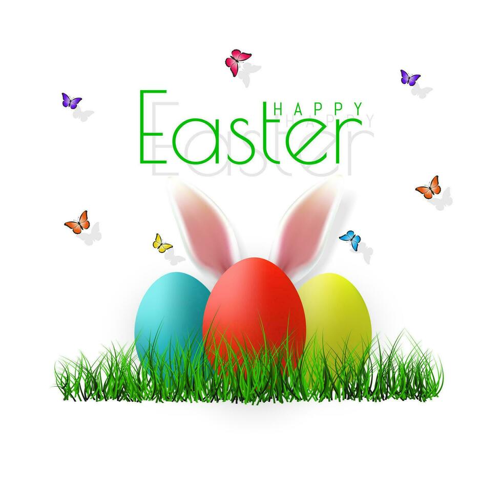 Vector Easter eggs with grass, butterfly and flowers isolated on a white background. Element for celebratory design