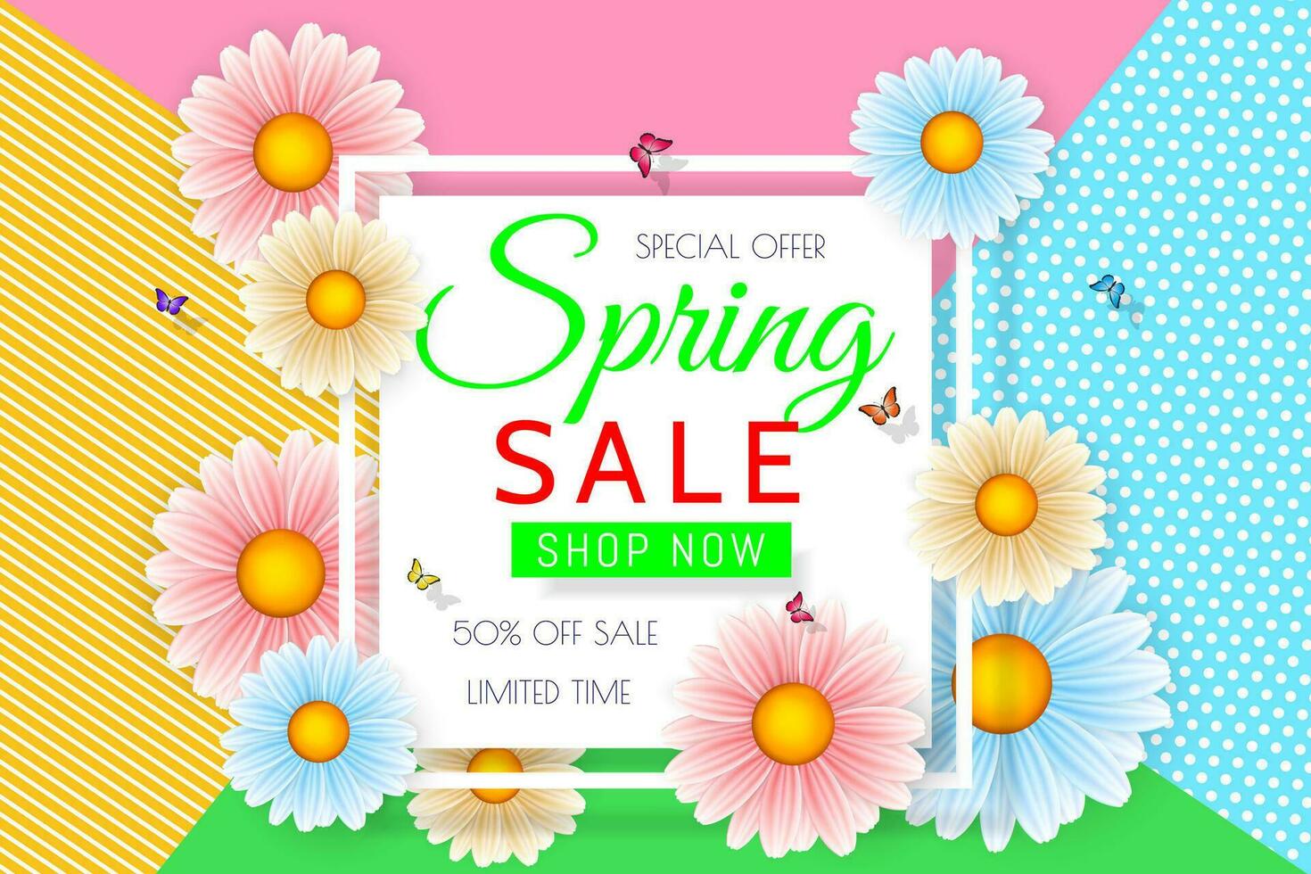 Spring sale background design with beautiful colorful flower. Vector floral design template for coupon, banner, voucher or promotional poster