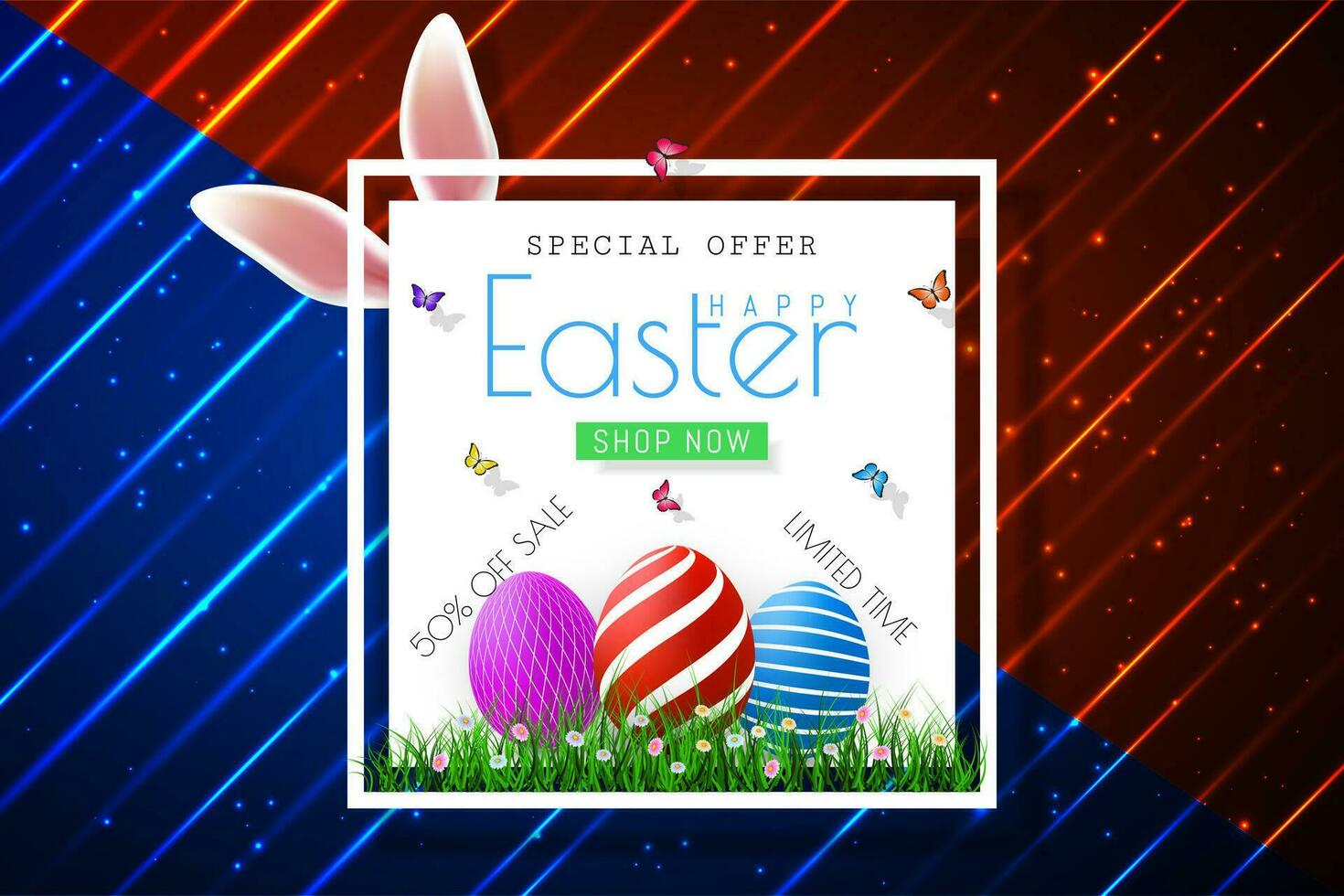 Happy Easter sale banners with realistic Easter rabbirs ears, vector