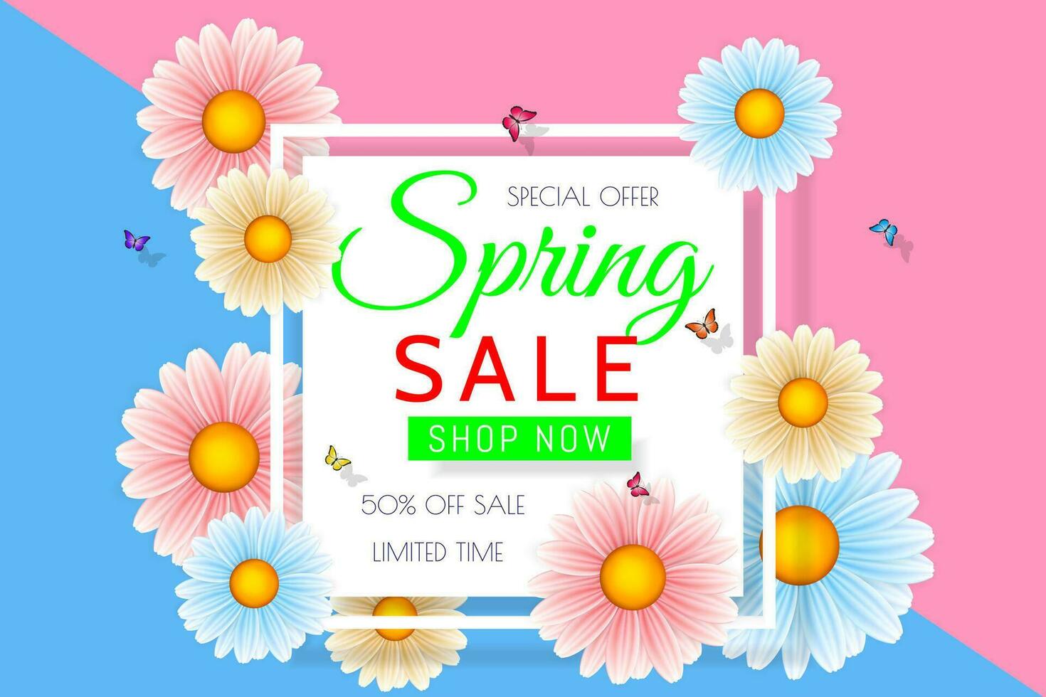 Spring sale background design with beautiful colorful flower. Vector floral design template for coupon, banner, voucher or promotional poster