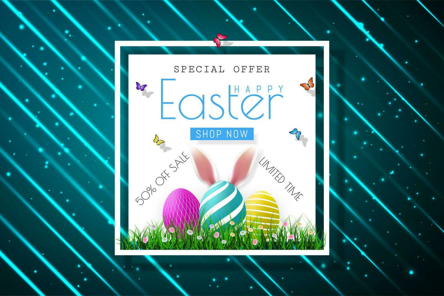 Happy Easter sale banners with realistic Easter rabbirs ears, vector