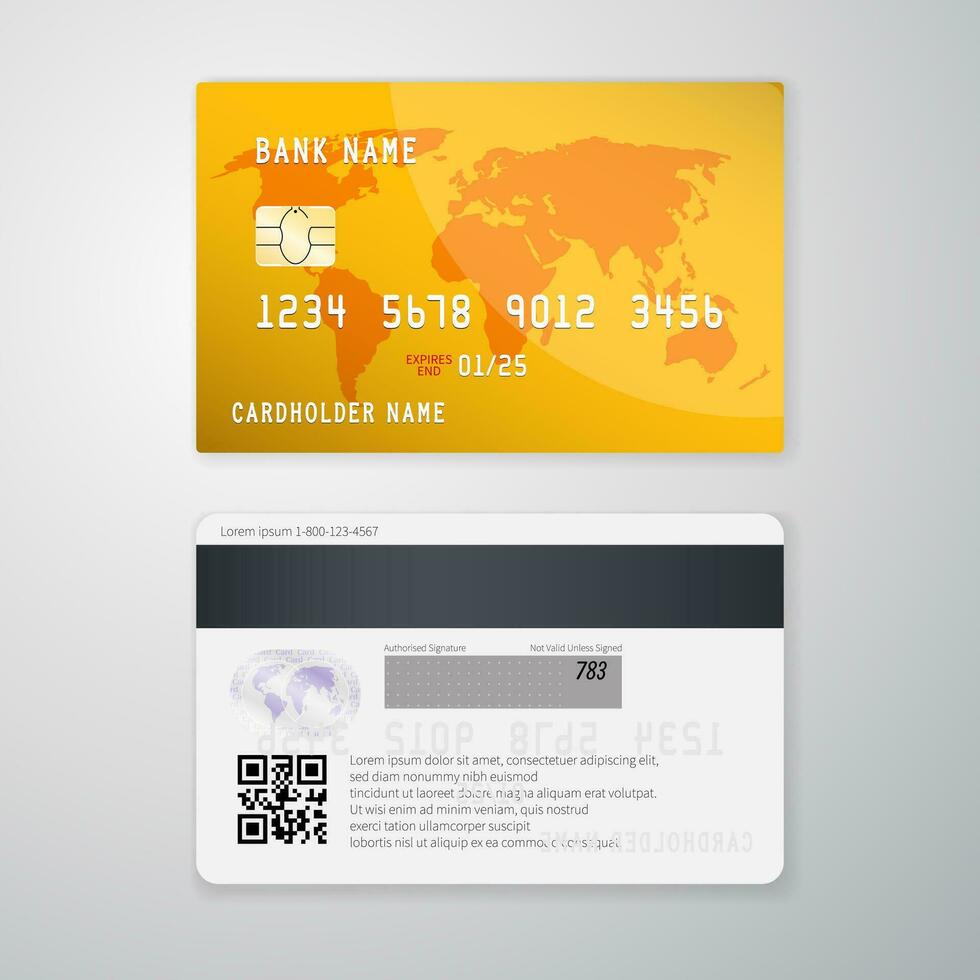 Realistic detailed credit card with the world map on yellow background. Vector illustration design