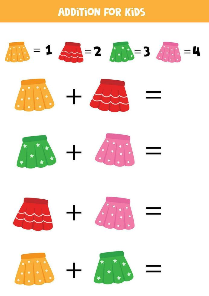 Addition for kids with different cute colorful skirts. vector