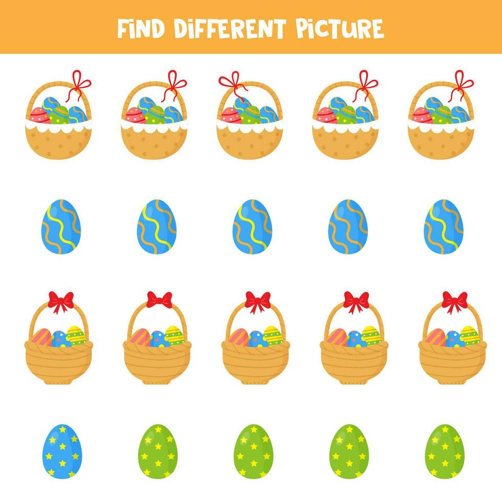 Find different Easter basket and Easter egg in each row. Logical game for preschool kids. vector