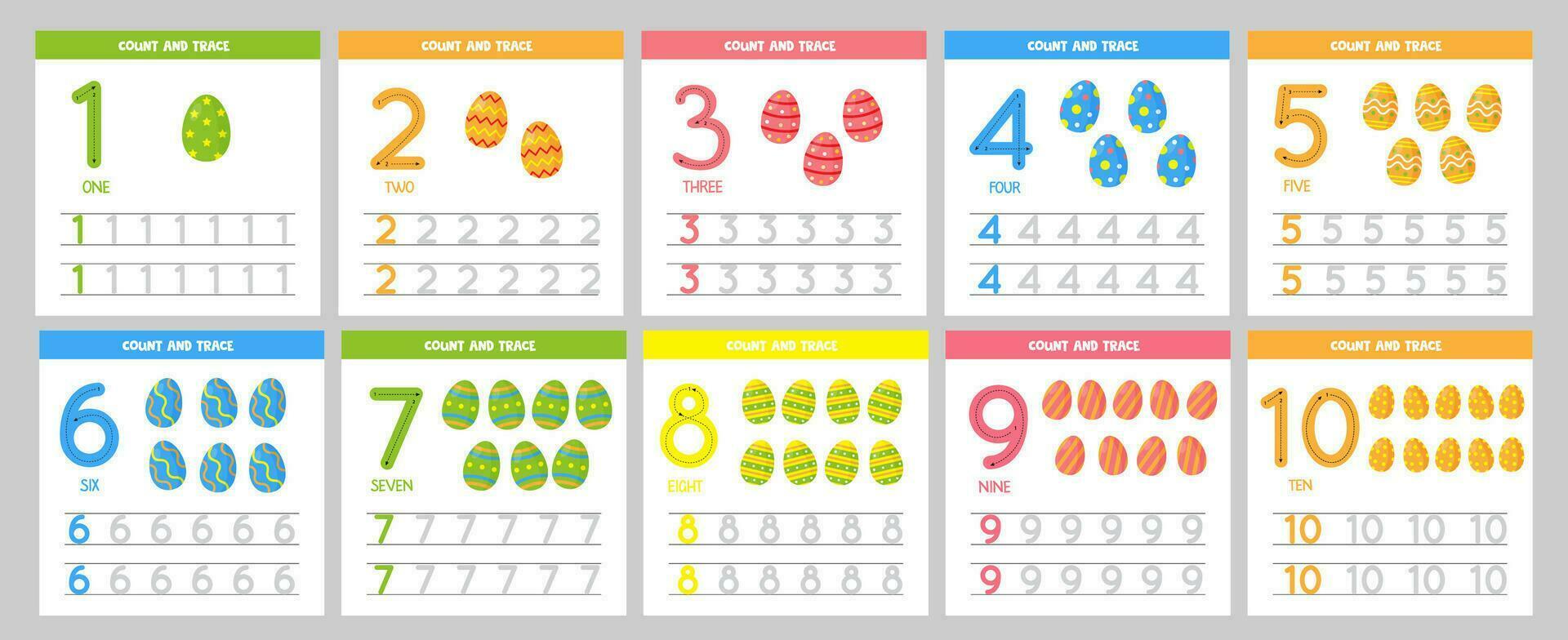 Set of number tracing flashcards with cute Easter eggs. vector