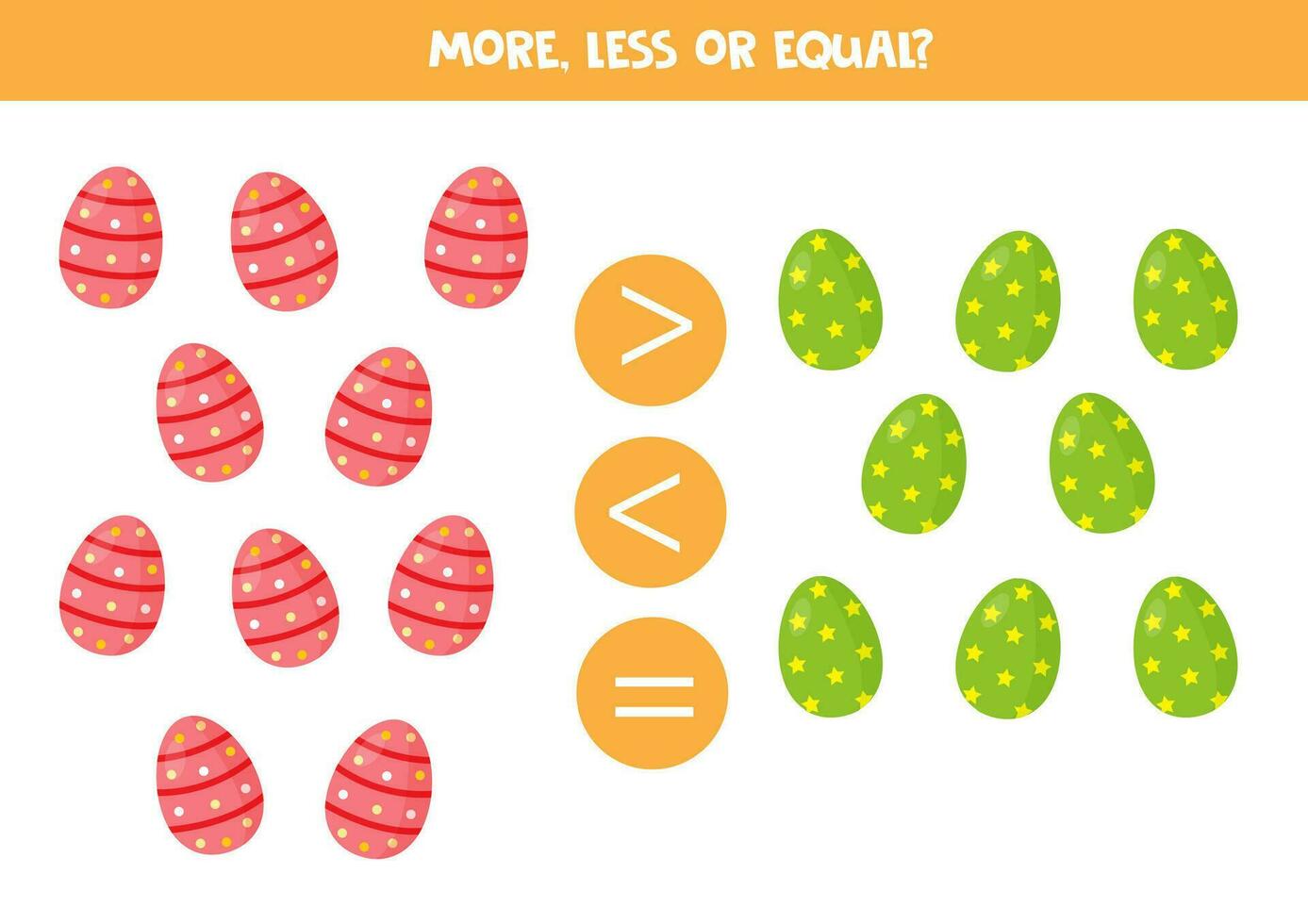 Grater, less or equal with cartoon colorful Easter eggs. vector