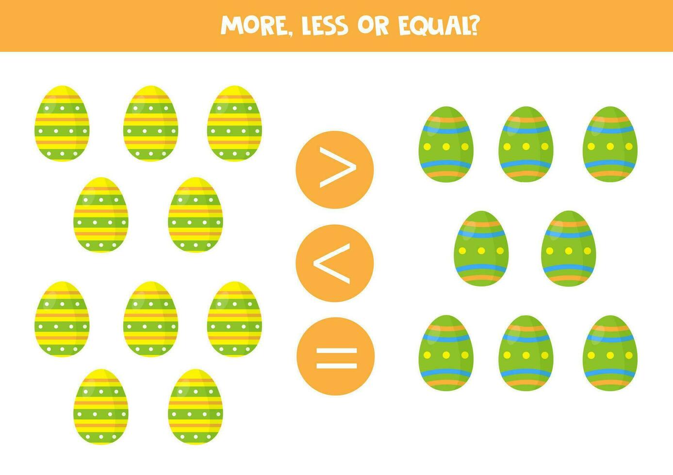 Grater, less or equal with cartoon colorful Easter eggs. vector