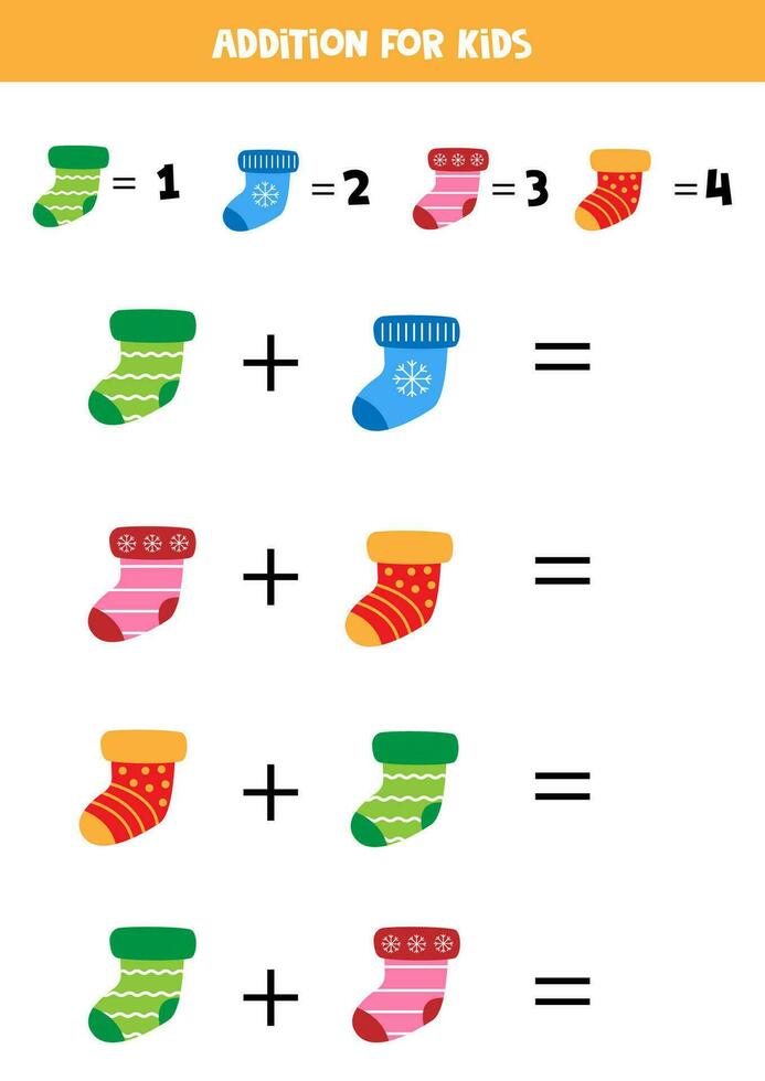 Addition for kids with cute cartoon colorful socks. vector