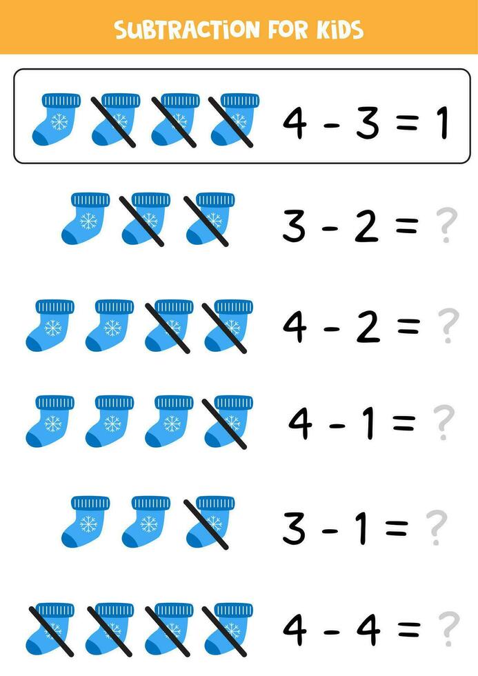 sustracción juego con linda dibujos animados calcetín. matemáticas juego. vector