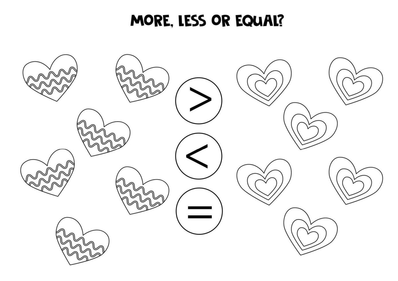 Grater, less or equal with cartoon black and white valentine day hearts. vector