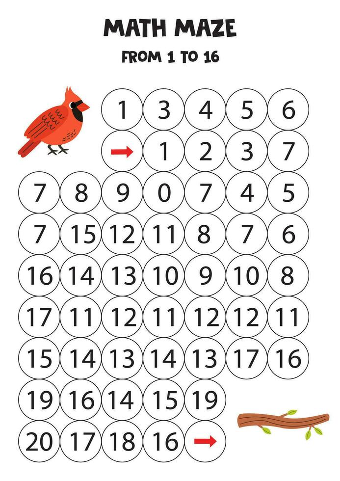 Get cute red cardinal bird to tree branch by counting to 16. vector