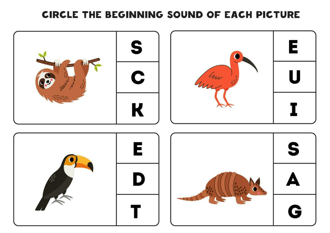 Worksheet for kids. Find the beginning sound of cute South American animals. vector