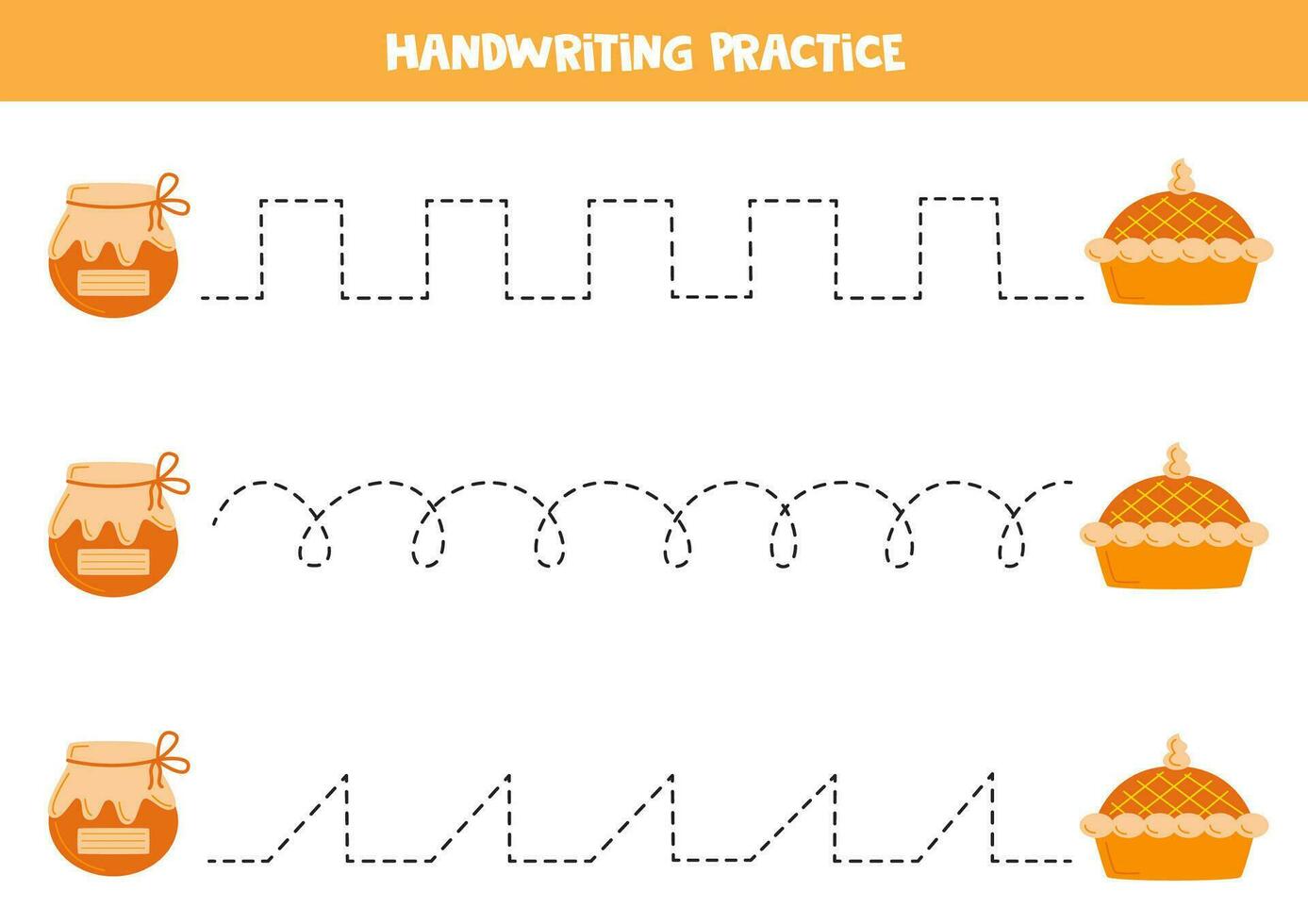 Tracing lines for kids. Cartoon apple pie and jam jar. Handwriting practice. vector