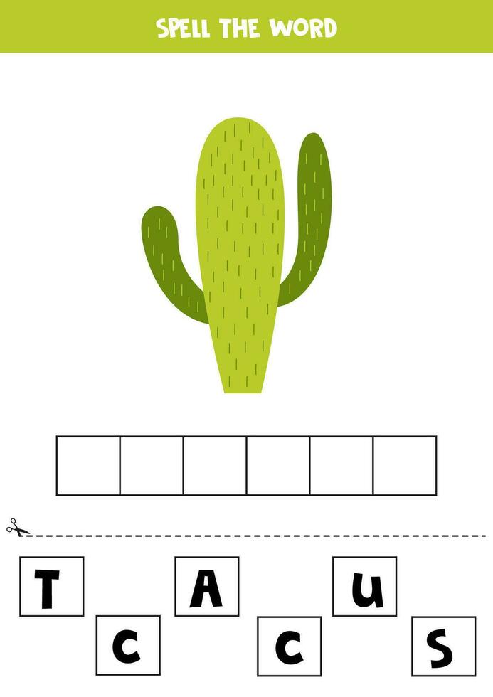 ortografía juego para preescolar niños. linda dibujos animados cactus. vector