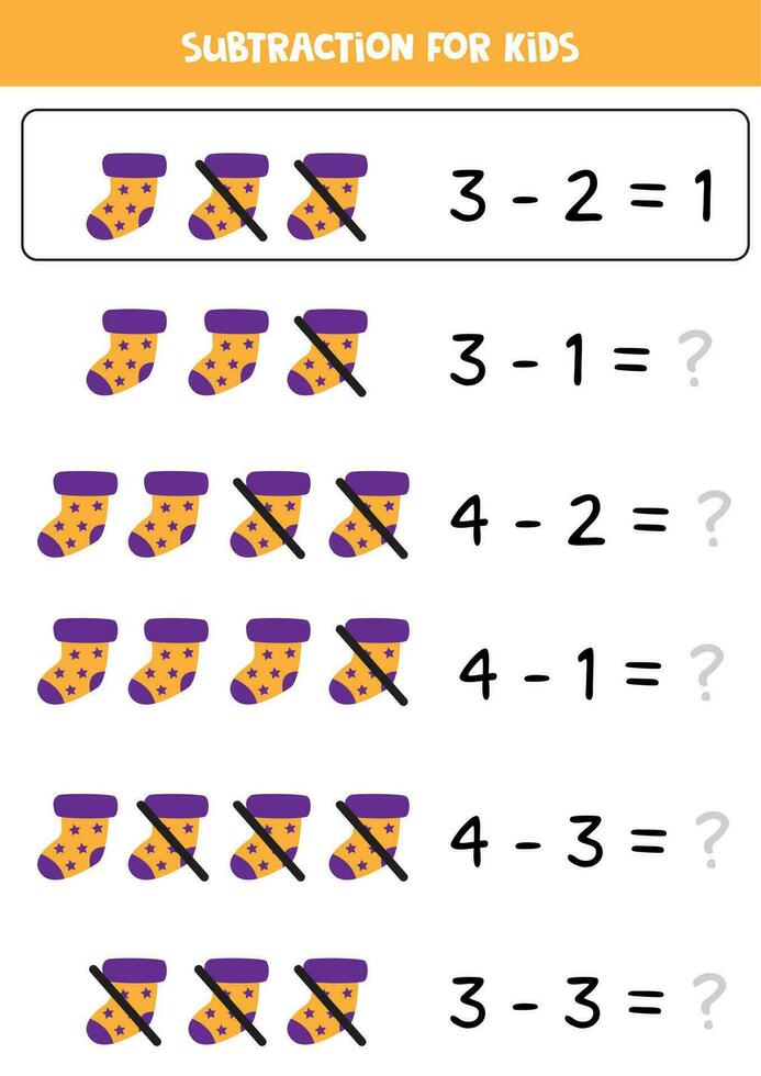 Subtraction game with cute cartoon sock. Math game. vector
