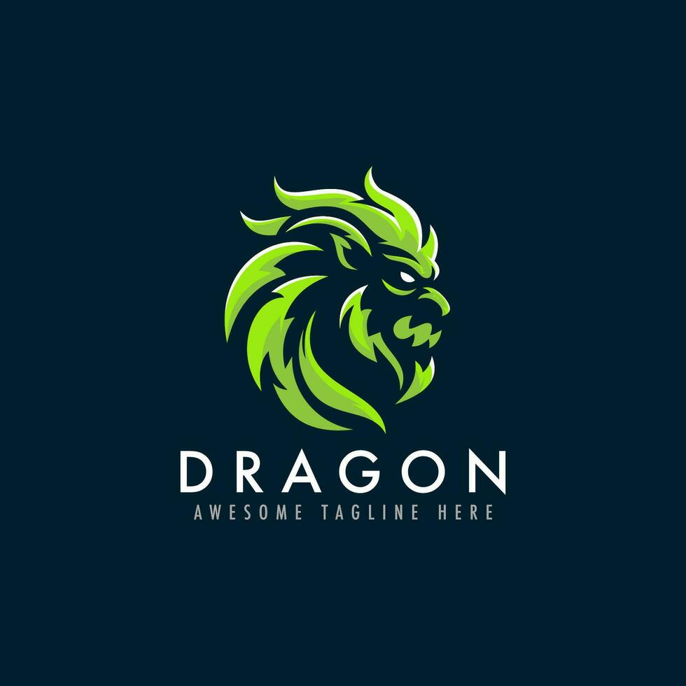 Green dragon head vector logo illustration. Mythical creature mascot emblem on dark blue background.