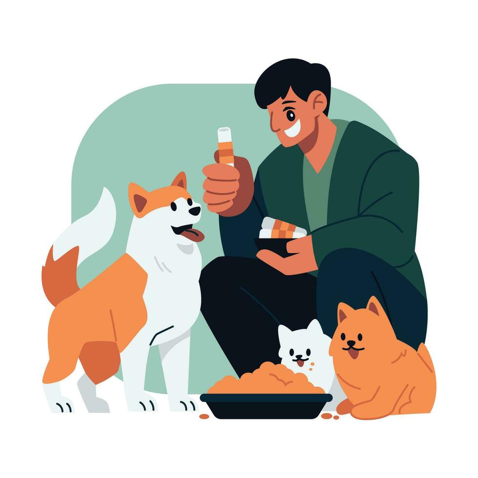 hombre alimentación gatos y perros vector ilustración en plano línea dibujos animados estilo