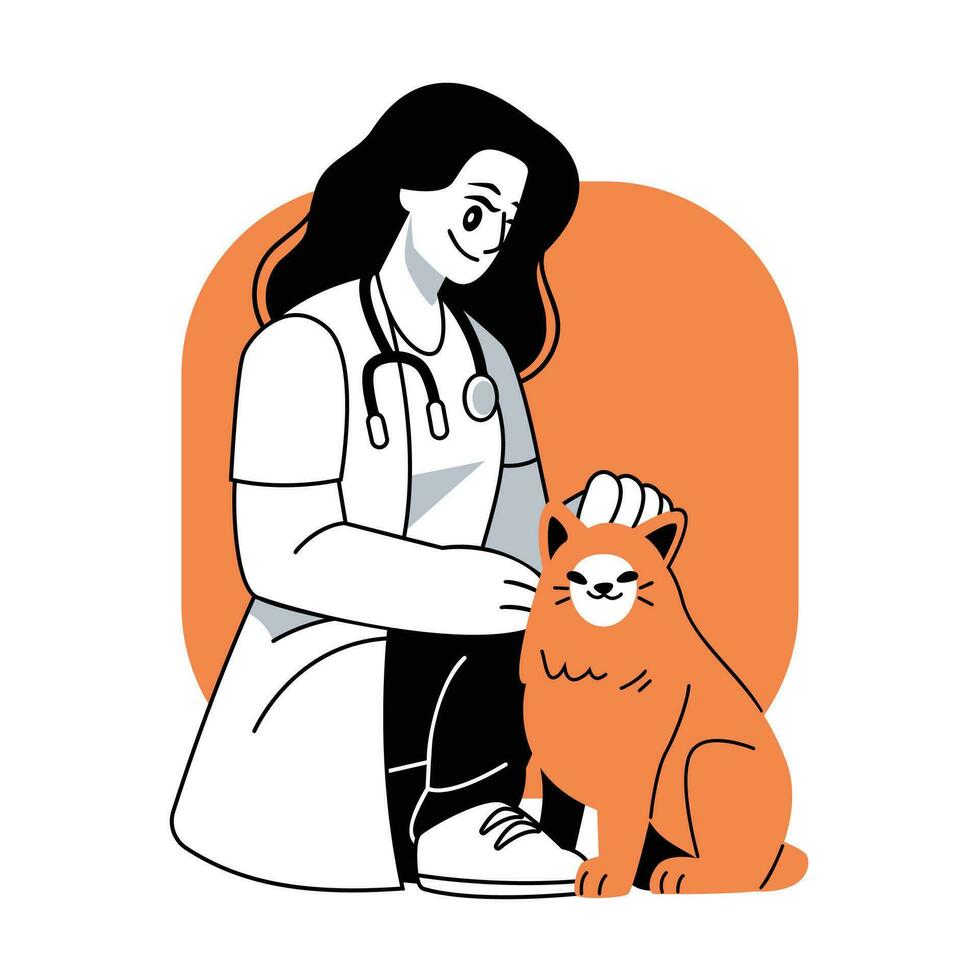 veterinario médico con gato vector ilustración en plano línea dibujos animados estilo