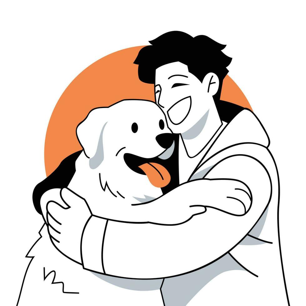 Smiling Man hugging his dog Flat vector illustration in flat line cartoon style