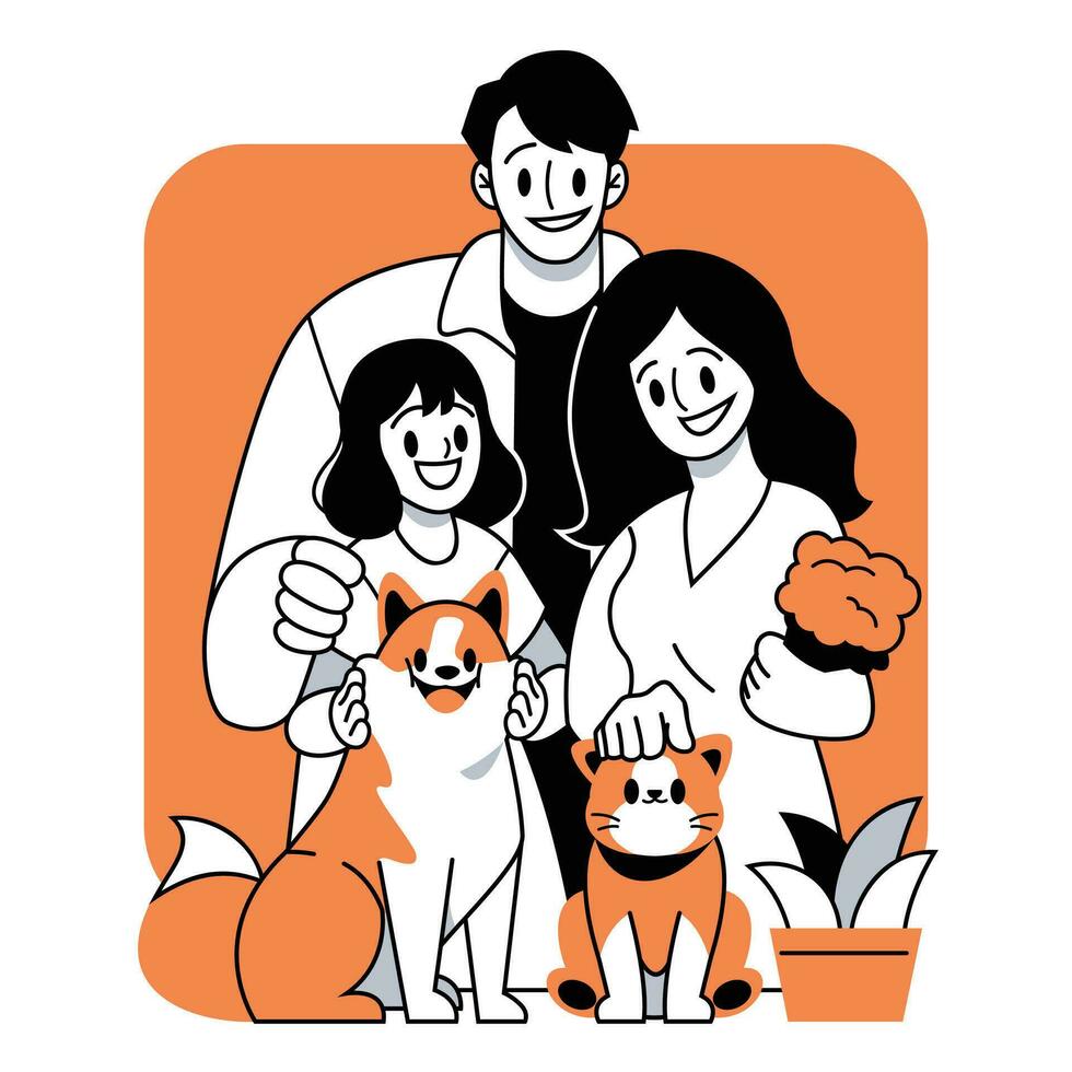 contento familia con perro y gato vector ilustración en plano línea dibujos animados estilo