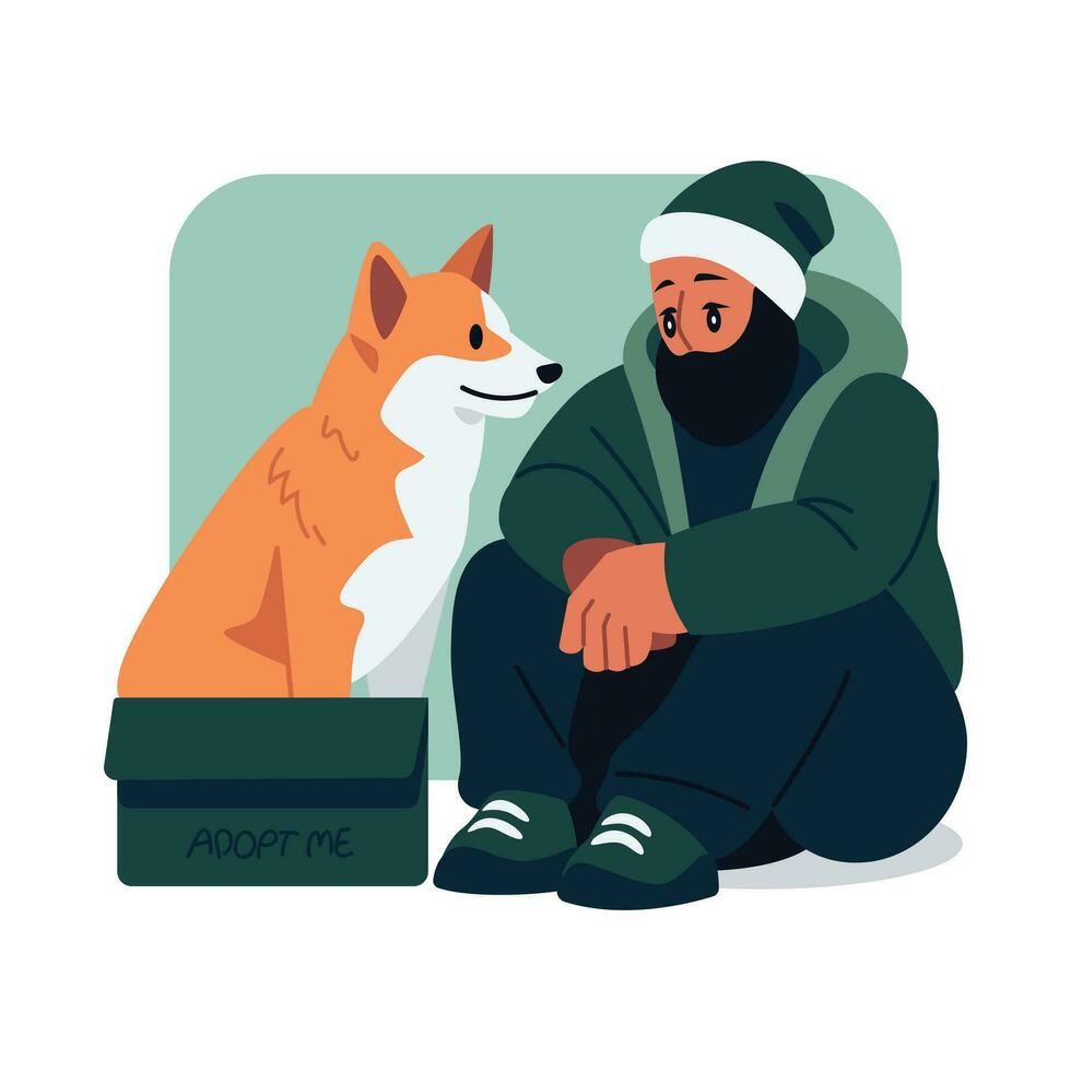 Vagabundo hombre sentado con un extraviado perro en caja vector ilustración en plano línea dibujos animados estilo