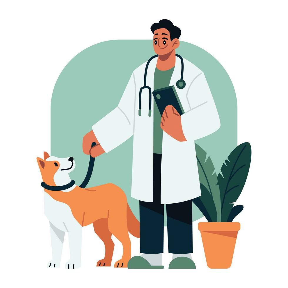 Veterinarian with dog Vector illustration in flat line cartoon style