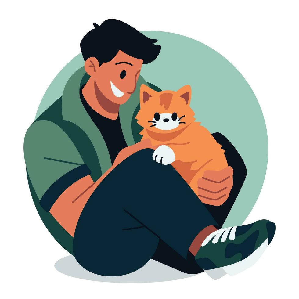 Man sitting holding a cat Vector illustration in flat line cartoon style