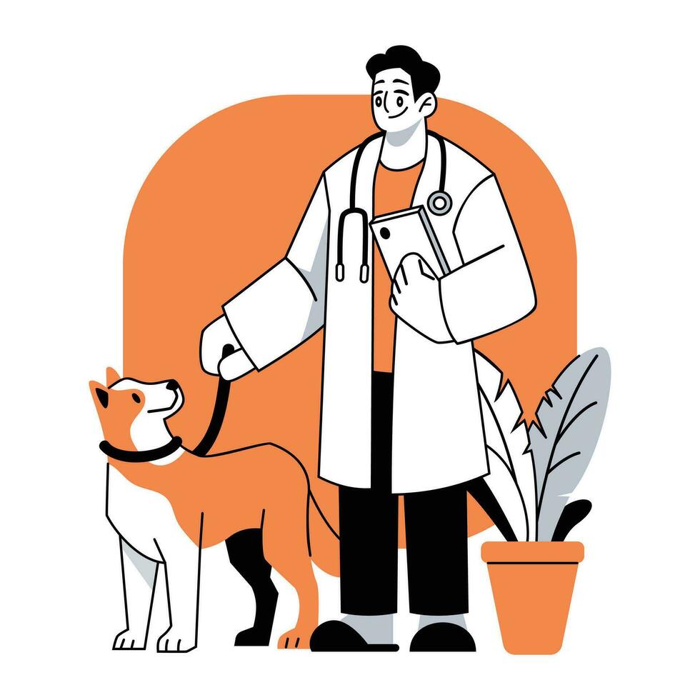 Veterinarian with dog Vector illustration in flat line cartoon style
