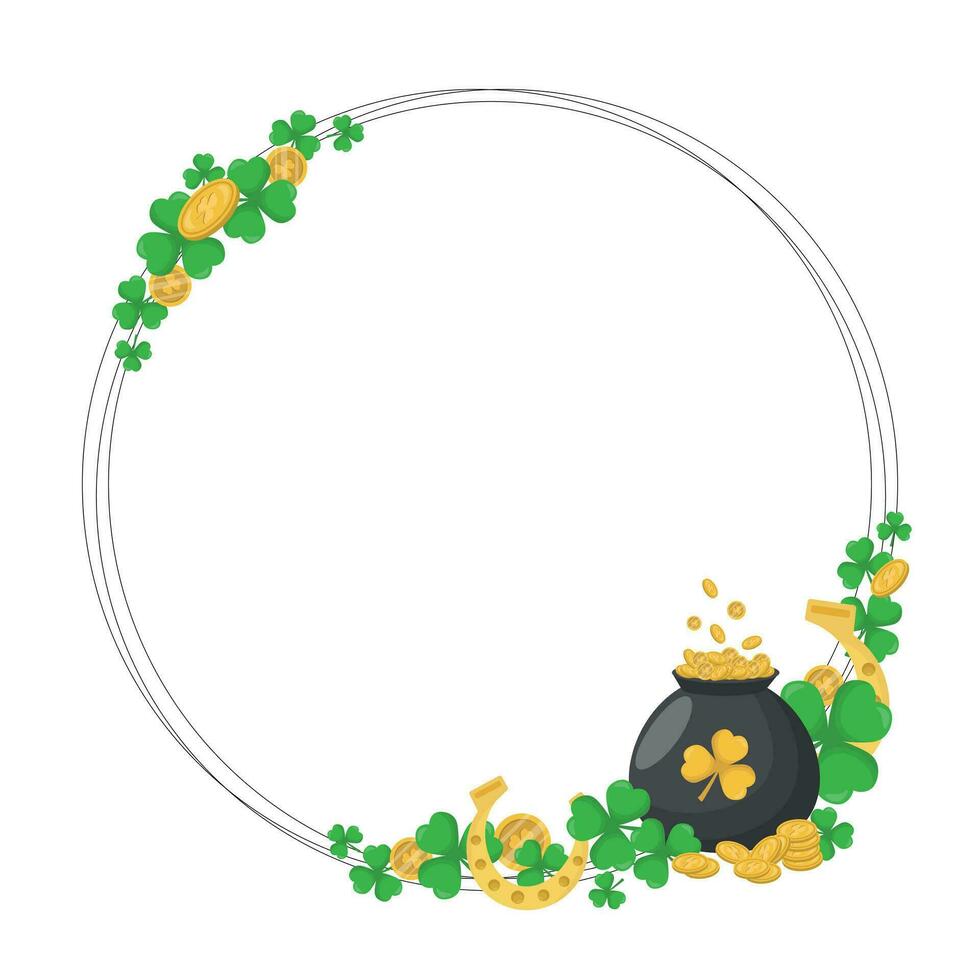 St. Patrick's Day frame with pot of gold, coins, horseshoes and shamrock leaves. Postcard, banner. Vector illustration