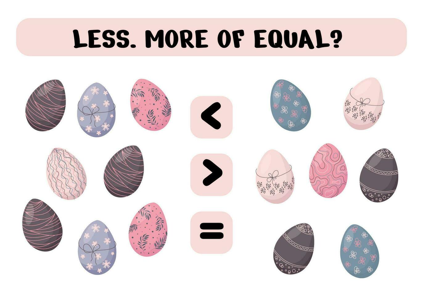 More, less with cartoon Easter eggs.Comparison of objects for kids. Math educational game for children with Easter eggs vector