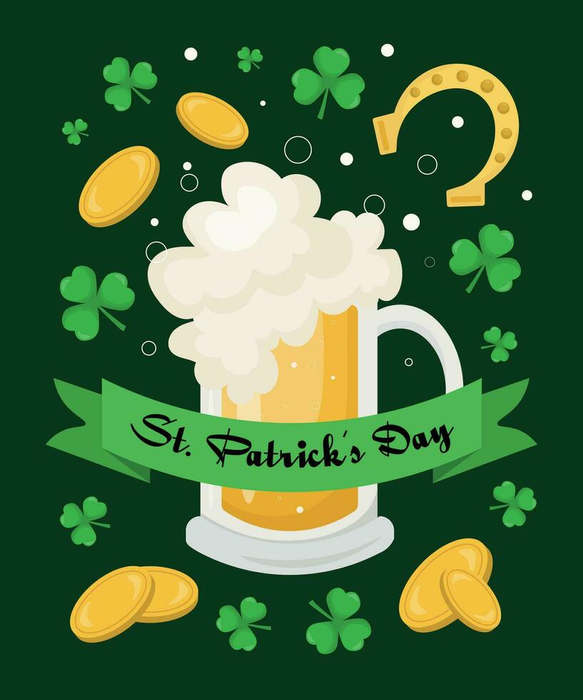 Happy St. Patrick's Day. Postcard design with beer, coins and shamrocks on a dark green background, Traditional Irish holiday template design. vector