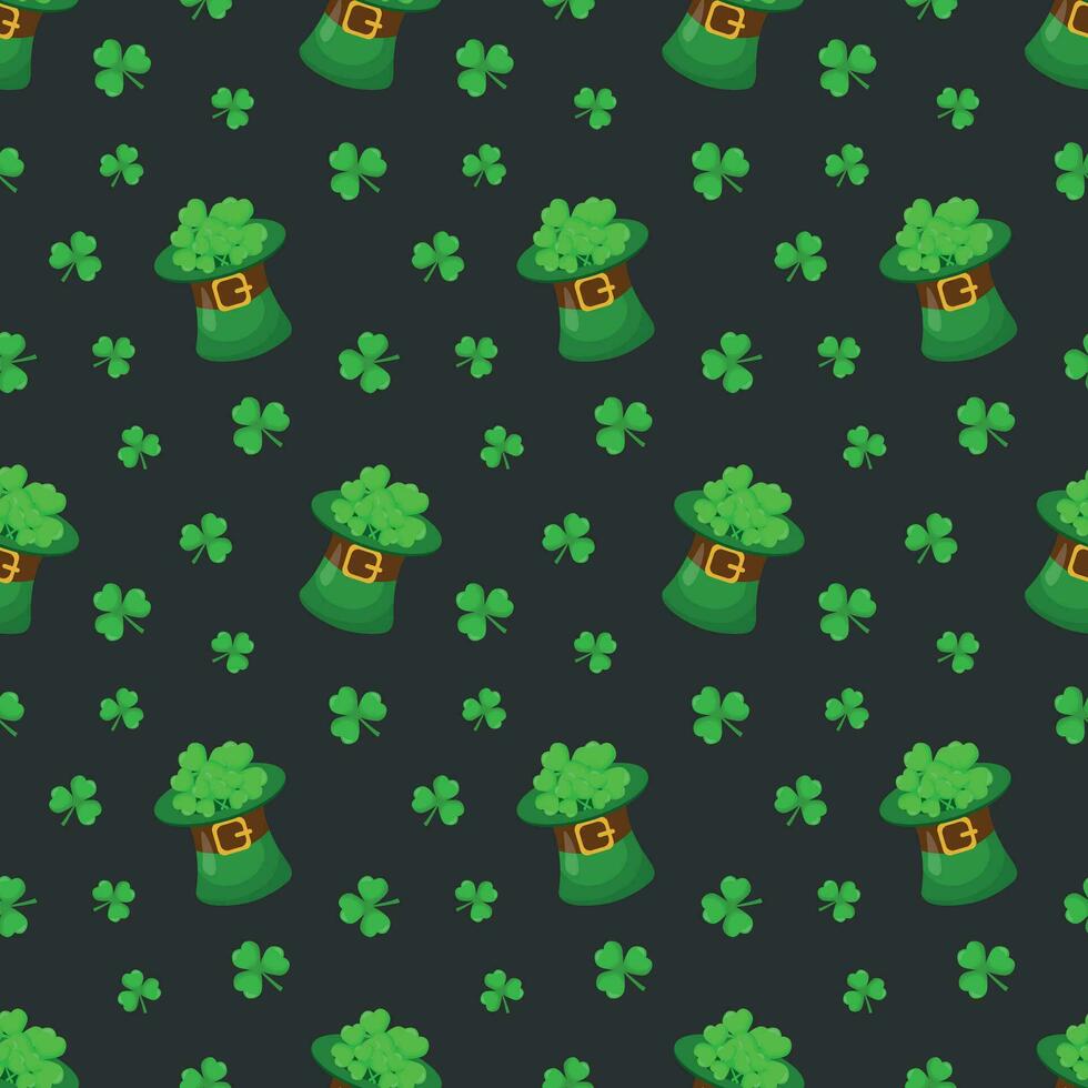 Seamless pattern for St. Patrick's Day with hats and shamrocks on  dark gray background. Irish background.Spring Celtic festival.Vector color illustration vector