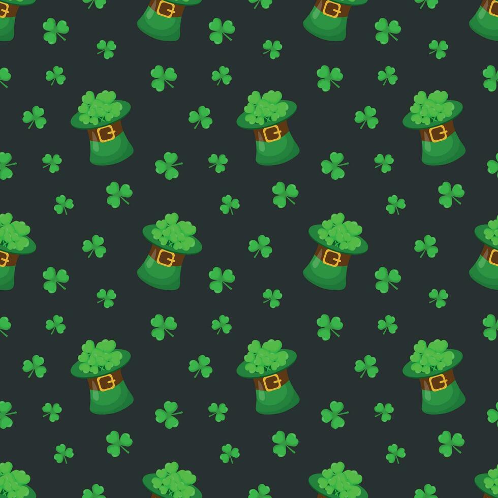 Seamless pattern for St. Patrick's Day with hats and shamrocks on  dark gray background. Irish background.Spring Celtic festival.Vector color illustration vector