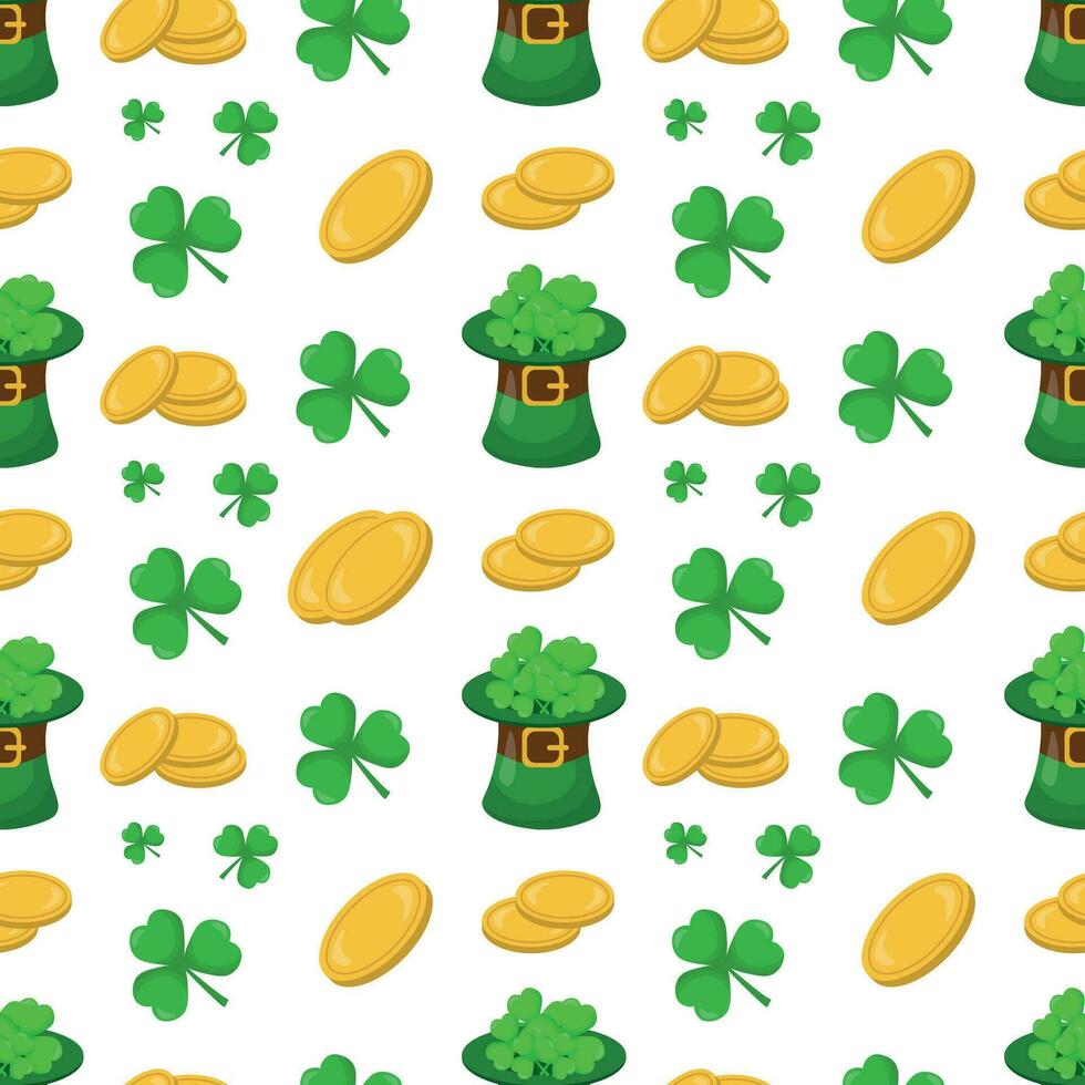 Seamless pattern for St. Patrick's Day with hats,coins and shamrocks on  white background. Irish background.Spring Celtic festival.Vector color illustration vector