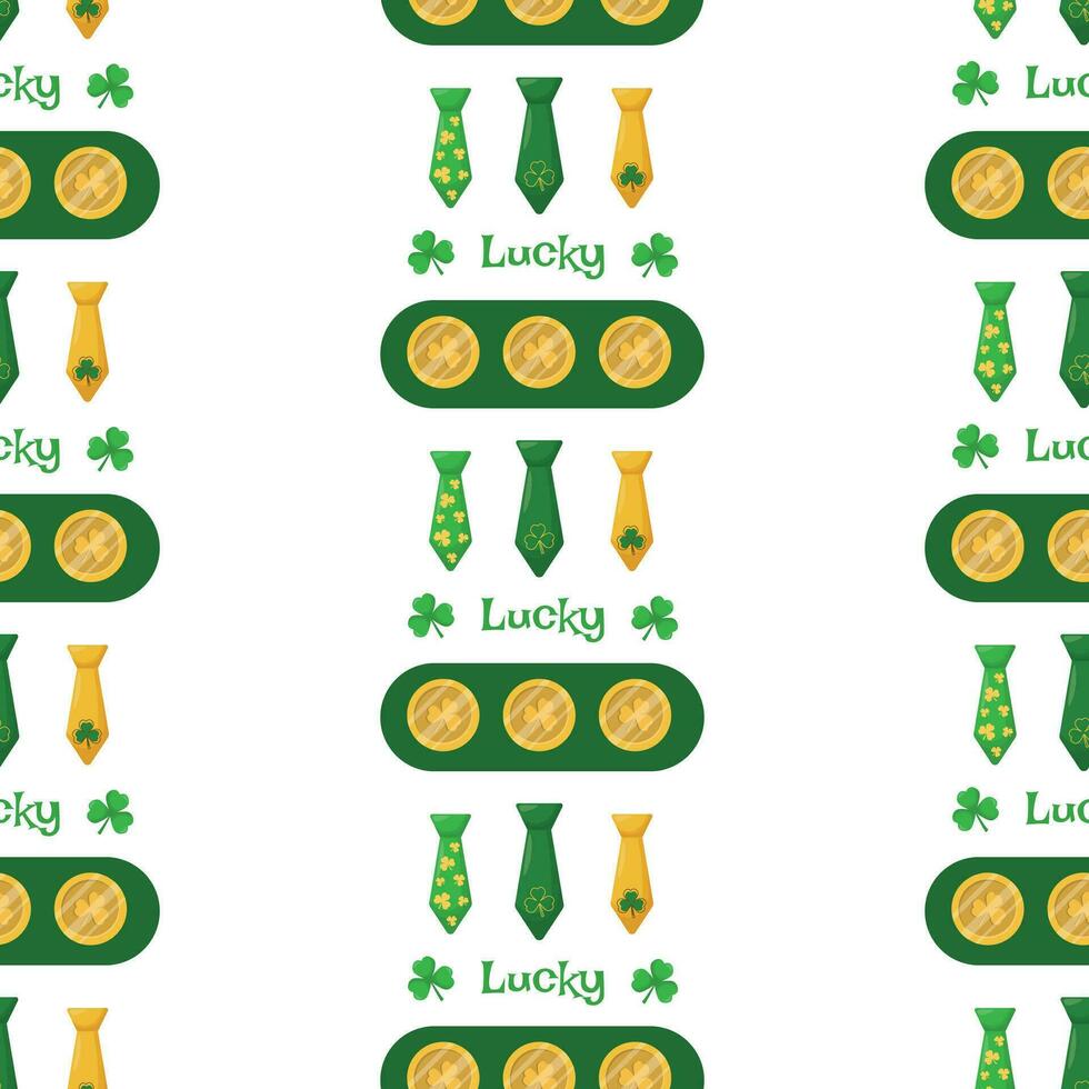 St. Patrick's Day seamless pattern with coins, shamrocks and ties on a white background. Vector illustration. March 17