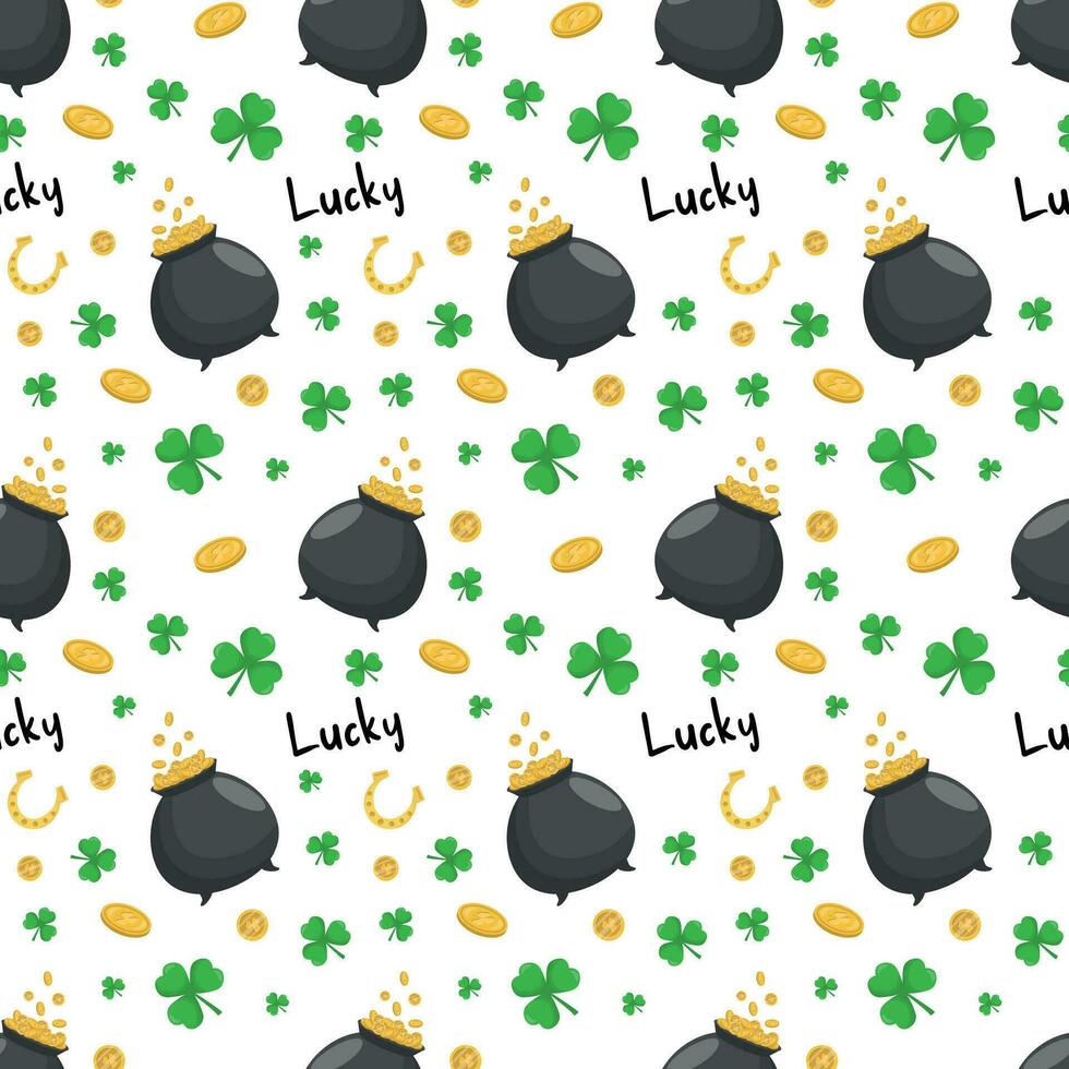 Seamless pattern with shamrocks, a pot of gold, coins,  horseshoes isolated on a white background. St. Patrick's Day Print. Vector illustration