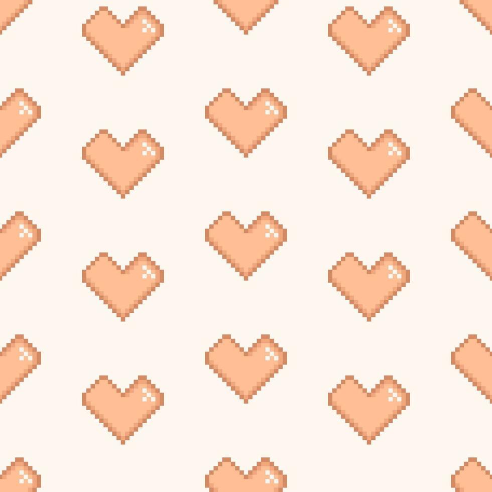 Pixel style hearts Valentines Day seamless pattern. Pixel hearts in peach fuzz color, retro video game design vector