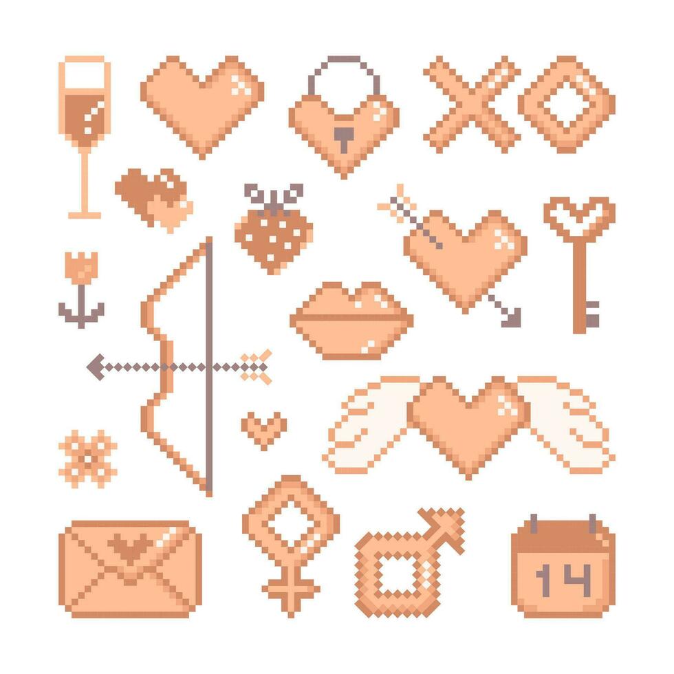 Pixel art Valentine day elements set. 8 bit vintage video game style illustrations vector