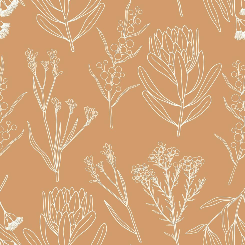 Hand drawn Australian flowers and plants seamless pattern. Floral design in pastel colors vector