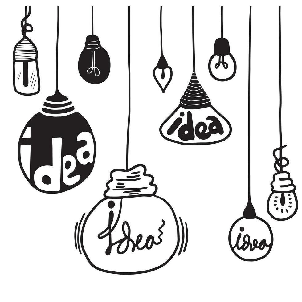 Hand drawn light bulb icons with concept of idea. Doodle style. Vector illustration.