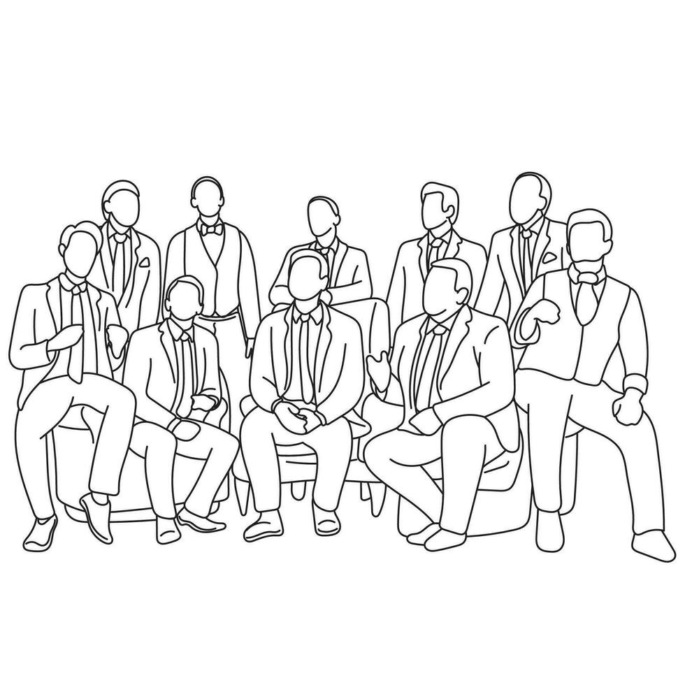 ten businesspeople sitting on sofa illustration vector hand drawn isolated on white background