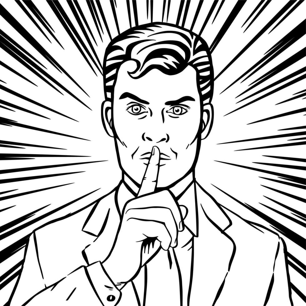 Man putting her forefinger to her lips for quiet silence. Making silence gesture shhh. Pop art comics style. Black and white vector illustration