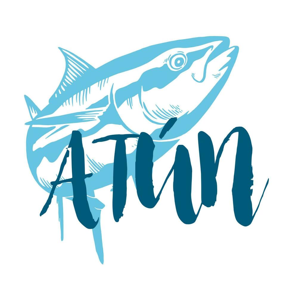 pescado símbolo en blanco fondo, vector. deporte pescar club, restaurante, Enlatado, comida logo. atún escrito en Español vector