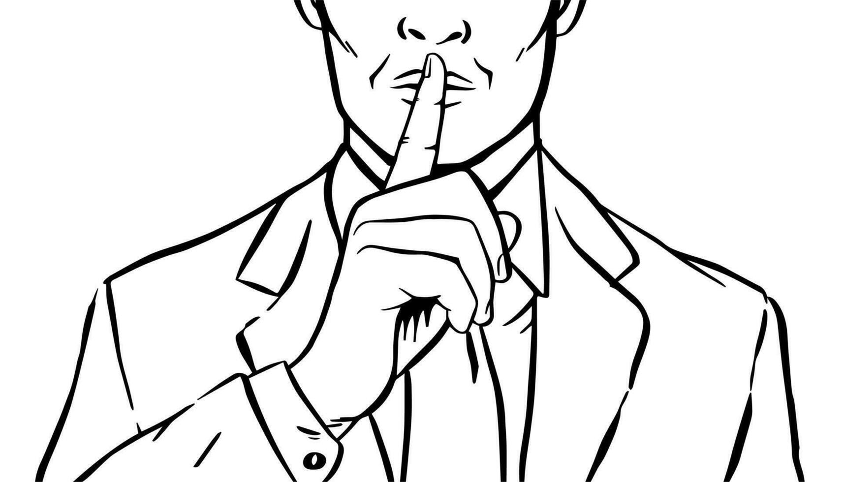 Man putting her forefinger to her lips for quiet silence. Making silence gesture shhh. Pop art comics style. Black and white vector illustration